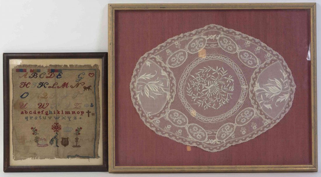 A Victorian Lace Doily, Width of first 20 1/2 inches.: A Victorian Lace Doily, of oval form with foliate decoration, together with a needlework sampler, each framed. Width of first 20 1/2 inches. Property from the Estate of Eleanor Stein Rusnak, Highland