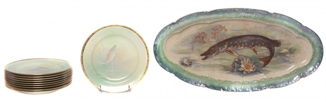 A Set of Ten Minton Porcelain Fish Plates, Diameter 9: A Set of Ten Minton Porcelain Fish Plates, each of circular form, depicting a different species of fish, within a gilt border, signed Dean, together with an associated serving tray. Diameter 9 inches.
