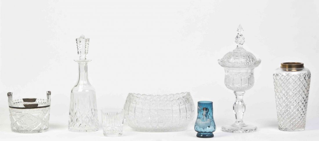 A Collection of Cut Glass Table Articles, Height of: A Collection of Cut Glass Table Articles, comprising vases, a lidded compote and others, together with a Mary Gregory style vase; 10 items total. Height of tallest overall 15 3/4 inches. Property from