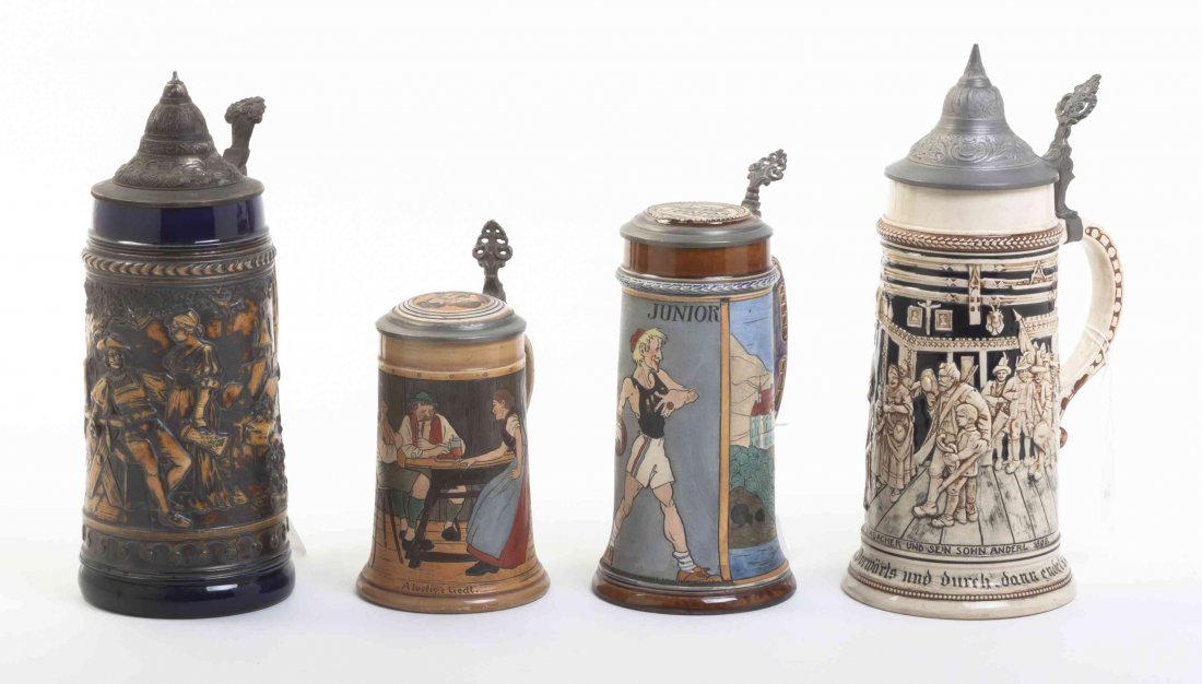 Four German Steins, Height of tallest 12 inches.: Four German Steins, comprising a 1 liter example by Simon Peter Gerz, depicting two figures drinking in a village, the side impressed 1804, the base impressed Made in Germany, a 1 liter example by Joh