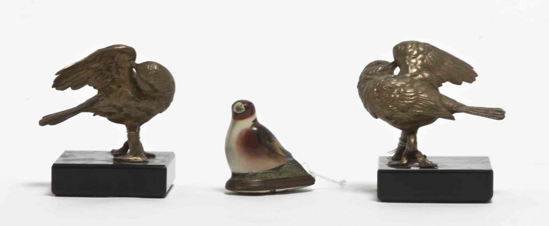 Two Bronze Ornithological Figures, Height of pair 4 1/4: Two Bronze Ornithological Figures, together with an enameled pill box in the form of a bird. Height of pair 4 1/4 inches. Property from the Estate of Virginia H. Rogers, Chicago, Illinois