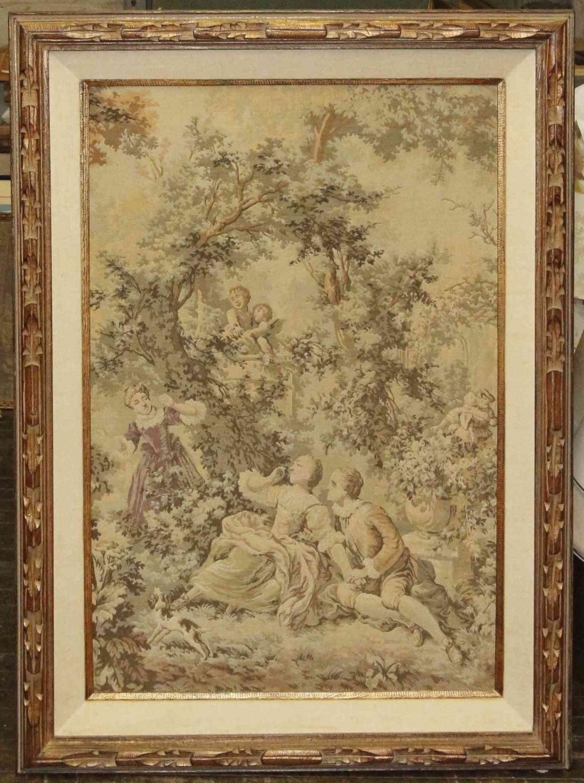A Machine Woven Tapestry Panel, Height 35 1/2 x width: A Machine Woven Tapestry Panel, Continental School, 18th or 19th Century depicting figures and a dog in a garden. Height 35 1/2 x width 23 1/4 inches. Property from the Collection of Ed and Dolores He