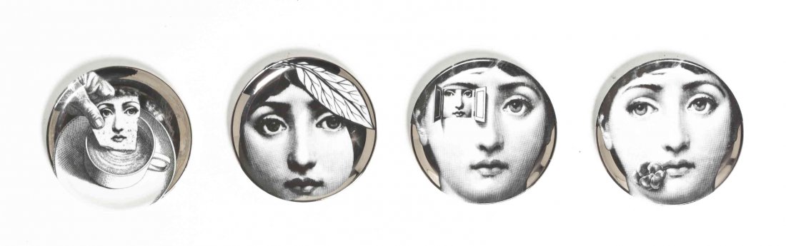 A Set of Four Fornasetti Porcelain Coasters, Diameter 3: A Set of Four Fornasetti Porcelain Coasters, modern, each depicting a female face. Diameter 3 7/8 inches.