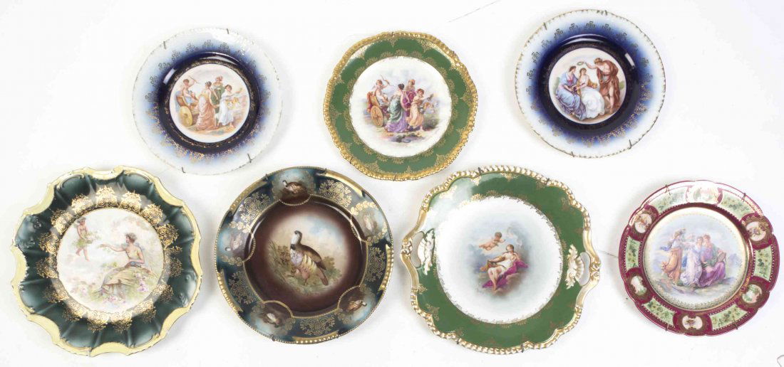 Seven Continental Porcelain Cabinet Plates, Diameter of: Seven Continental Porcelain Cabinet Plates, depicting various scenes of birds and other figures. Diameter of largest 10 1/2 inches. Property from the Collection of Dan Johnson, Chicago, Illinois