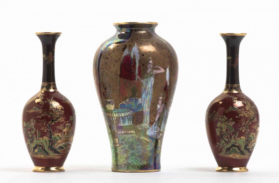 A Group of Three Ceramic Vases, Height of tallest 5 3/4: A Group of Three Ceramic Vases, comprising a pair of Carlton Ware bud vases, with flared rim and bulbous body, and a Wilton Ware, Stoke-on-Trent vase decorated with ladies at a garden fountain. Height