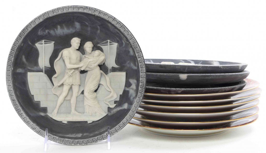 Six Limoges Porcelain Dinner Plates, Diameter of first: Six Limoges Porcelain Dinner Plates, La Dame a la Licone pattern, depicting figures and animals on an orange ground, together with four cabinet plates by Incolay Studios of California, each depicting