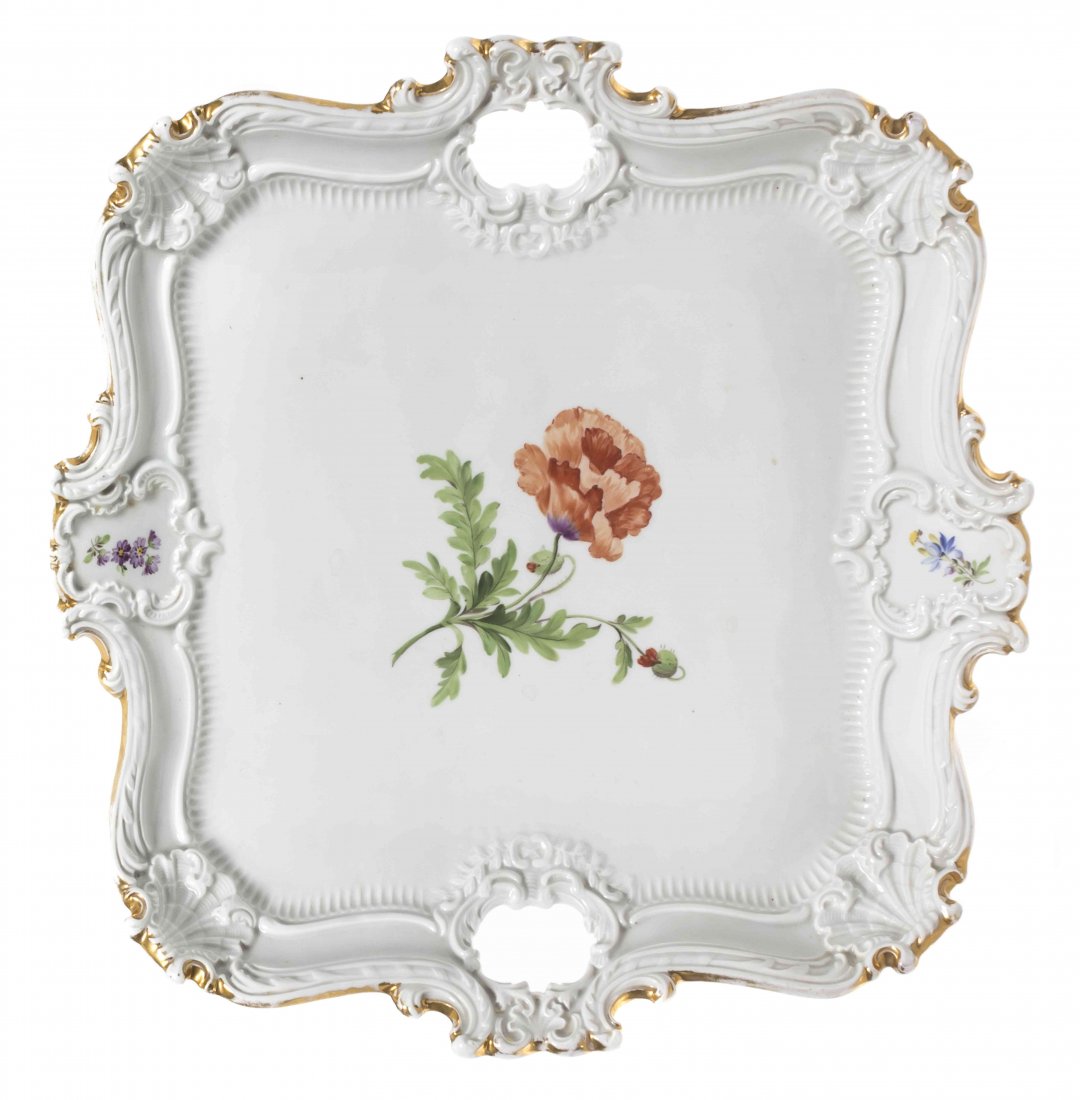 A Meissen Porcelain Tray, Width over handles 15 3/4: A Meissen Porcelain Tray, of square handled form, with polychrome floral decoration, having crossed swords mark in underglaze blue. Width over handles 15 3/4 inches. Property from the Estate of Elizab