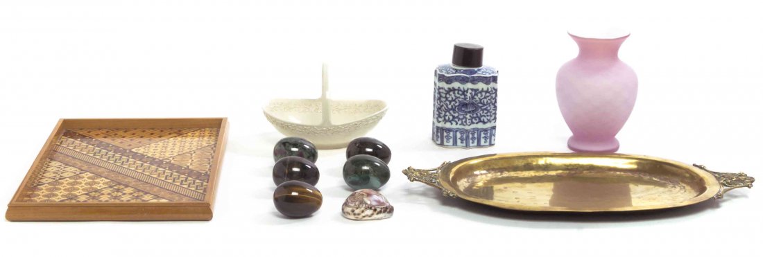 A Collection of Decorative Articles, Width of brass: A Collection of Decorative Articles, comprising five stone eggs, a Victorian glass vase, a brass tray, a parquetry tray, a Wedgwood stoneware basket, a carved cameo shell and a blue and white porcelai