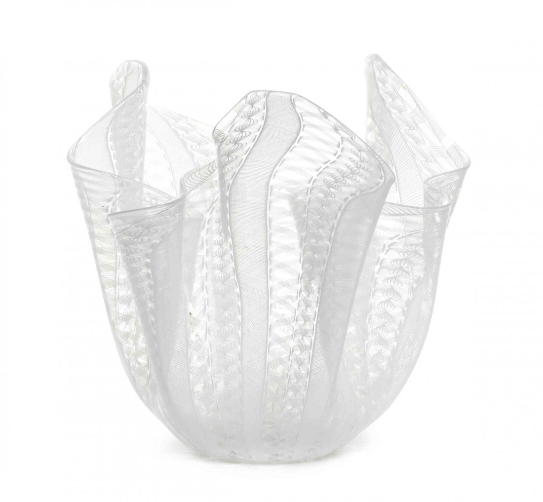 An Italian Studio Glass Fazzoletto Vase, Fulvio: An Italian Studio Glass Fazzoletto Vase, Fulvio Bianconi (1915-1996) for Venini, of handkerchief form with internal ribbon and lattice decoration throughout, acid etched Venini Murano Italia. Hei