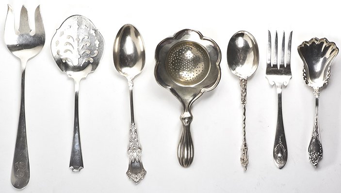 A Collection of American Silver Serving Articles and: A Collection of American Silver Serving Articles and Others, comprising 3 matching flatware pieces; serving spoon, cold meat fork, and pierced tomato server, Wm. B. Durgin Co. 3 tablespoons, Whiting M