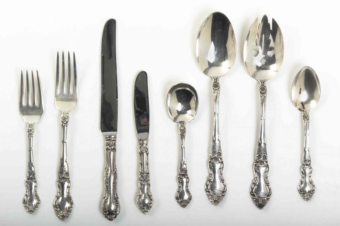 An American Silver Flatware Service, Wallace: An American Silver Flatware Service, Wallace Silversmiths, Wallingford, CT, Early 20th Century, Meadow Rose pattern, comprising 9 dinner knives 9 dinner forks 12 salad forks 24 teaspoons 13 butter spr