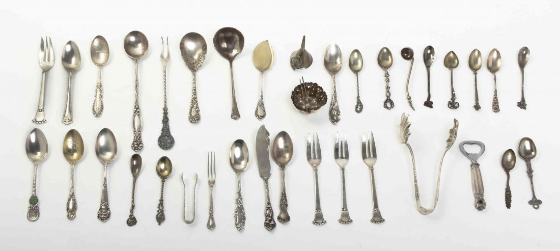 A Collection of American and Continental Silver: A Collection of American and Continental Silver Articles, comprising 1 Acorn pattern bottle opener, Georg Jensen, 1 pair ice tongs, S. Kirk & Son, 1 pate server, Towle, 1 Lilly pattern ma