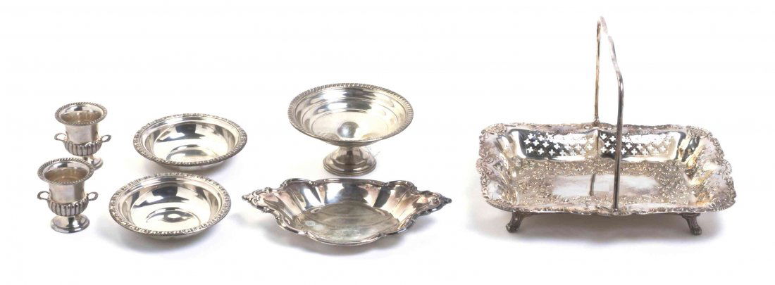 A Group of American Silver and Silver-Plate Table: A Group of American Silver and Silver-Plate Table Articles, 20th Century, comprising a pair of circular bowls with rose borders, Wallace Silversmiths, Wallingford, CT, a silver compote with weighted b