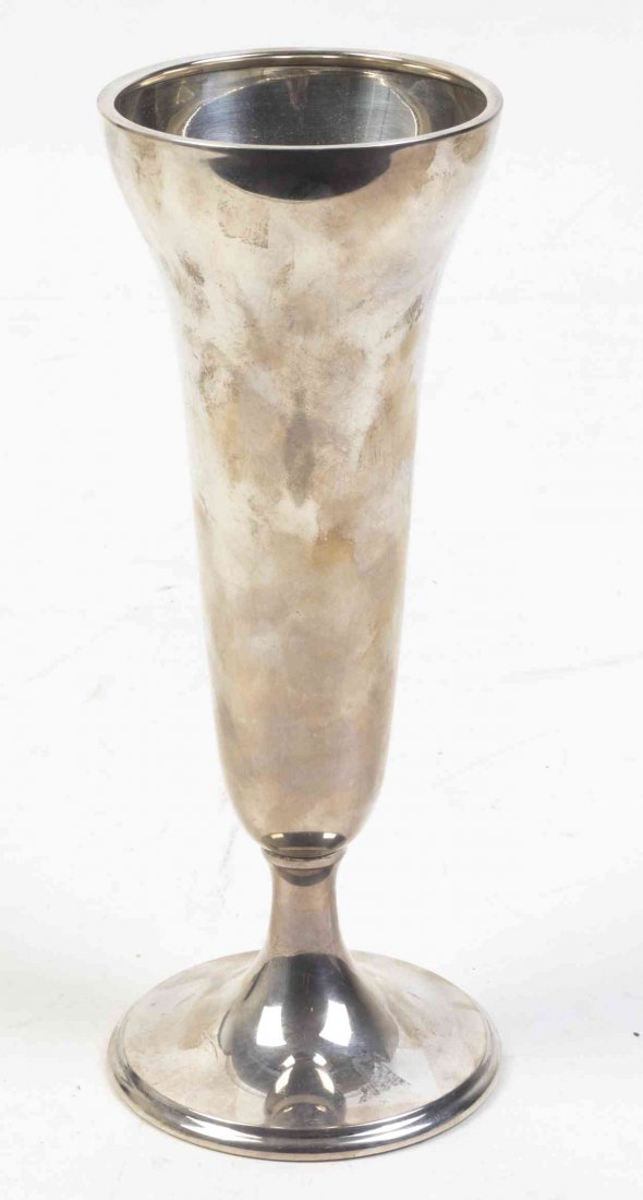 An American Silver Vase, Watson Company, Attleboro, MA,: An American Silver Vase, Watson Company, Attleboro, MA, Circa 1930, tapered cylindrical with flaring rim and raised on a spreading circular base, weighted, marked on base. Height 10 1/8 inches.