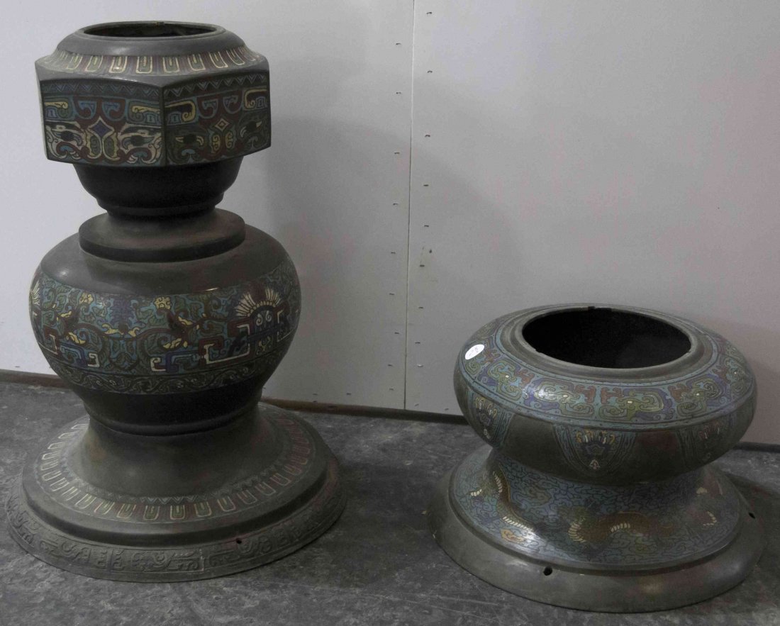 Two Chinese Champleve Bronze Floor Lamps, Height of: Two Chinese Champleve Bronze Floor Lamps, one of repeating baluster form, the other of tapering form, both on conforming feet. Height of taller 23 inches.