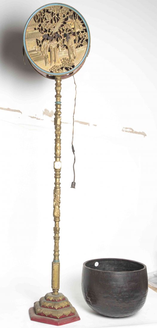 A Chinese Lacquered Floor Lamp, Height of first overall: A Chinese Lacquered Floor Lamp, of drum form, together with a Buddhist monk's singing bowl. Height of first overall 62 1/2 inches.