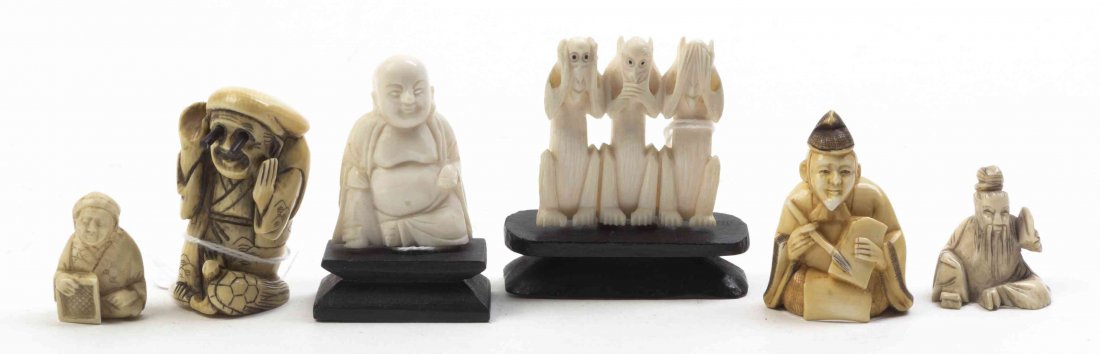 A Group of Six Carved Ivory Articles, Height of tallest: A Group of Six Carved Ivory Articles, comprising three figural netsuke, a monkey carving, a Buddha and a seated scholar. Height of tallest 2 inches.
