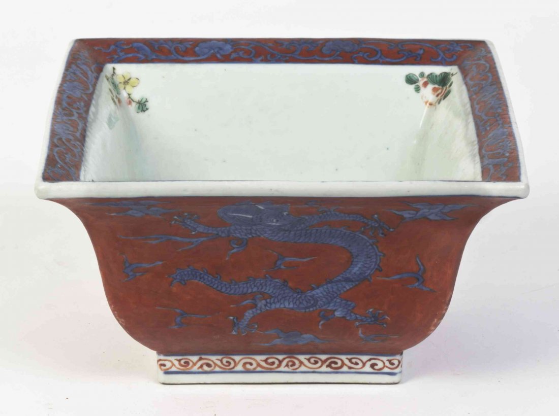 A Chinese Ceramic Footed Bowl, Width 8 inches.: A Chinese Ceramic Footed Bowl, of square form, having a flared mouth rim and polychrome decoration depicting a five claw dragon, the underside with apocryphal Jiaqing mark. Width 8 inches. Property fr