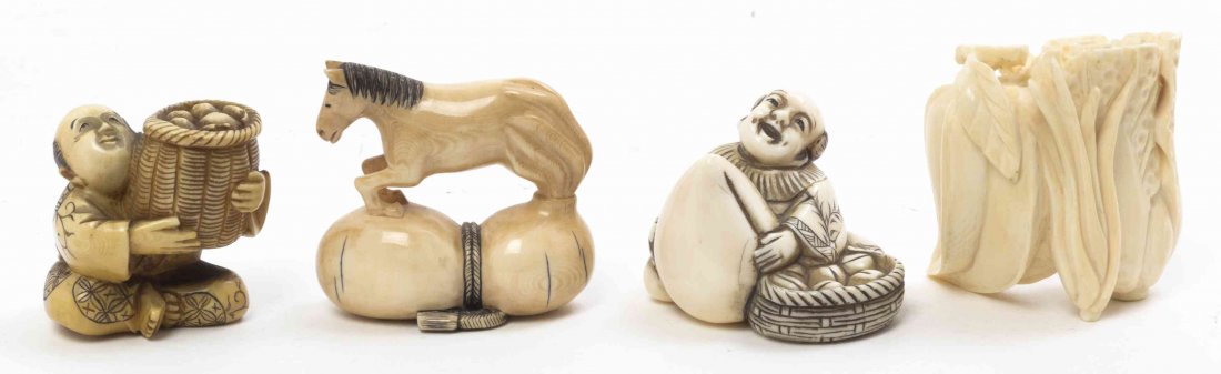 Four Carved Ivory Netsuke, Height of first 1 5/8: Four Carved Ivory Netsuke, comprising a group of cabbage and other vegetables with an insect, a man seated with a giant peach and a basket of peaches, signed, another figure with a basket of goods, si