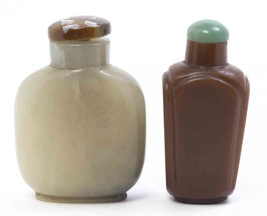 Two Hardstone Snuff Bottles, Height of first 2 1/2: Two Hardstone Snuff Bottles, comprising one of a brown steatite and of tapering, faceted form, with another having a tiger's eye stopper lid. Height of first 2 1/2 inches.
