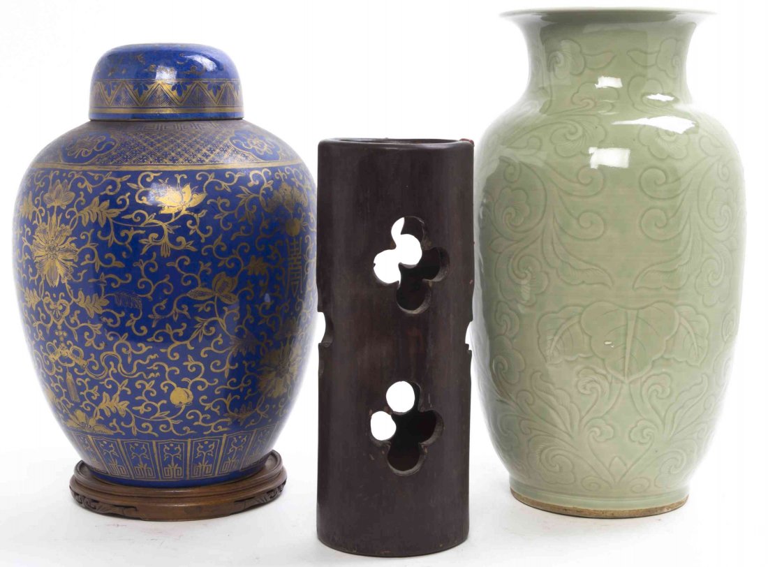 Three Chinese Decorative Articles, Height of tallest 15: Three Chinese Decorative Articles, including a bamboo hat stand, a porcelain ginger jar, drilled, and a celadon vase. Height of tallest 15 1/2 inches.