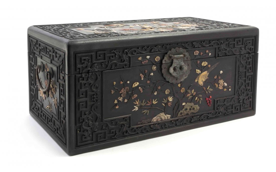 A Chinese Hardwood Chest, Width 19 5/8 inches.: A Chinese Hardwood Chest, of rectangular hinged and lidded form with hardstone inlay and decorated with birds and lotus plants within geometric and floral borders, bearing inscription to the lid, the 