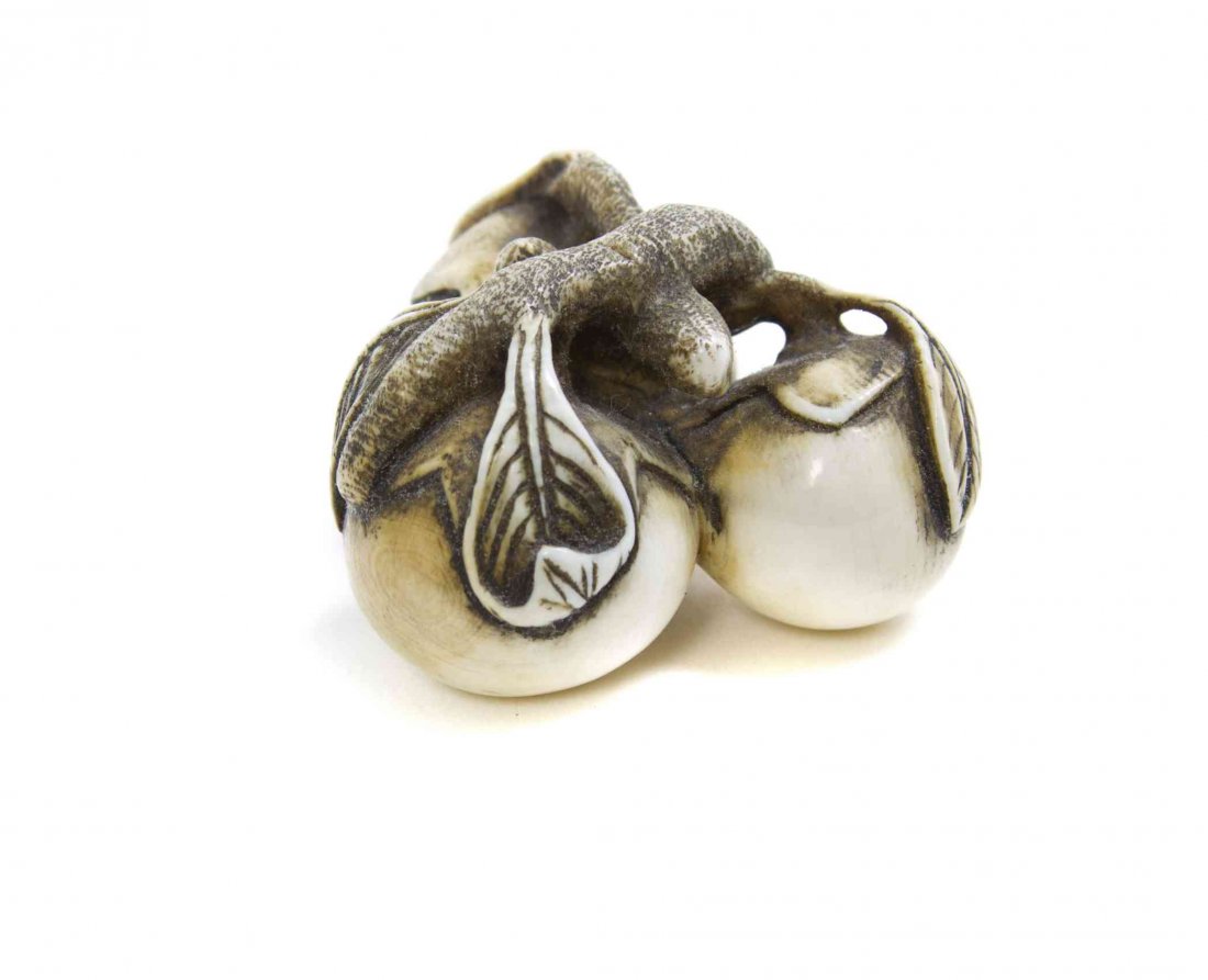 A Carved Ivory Fruit Netsuke, Width at widest 1 3/4: A Carved Ivory Fruit Netsuke, depicting three globular loquats on a leafy branch, with stipple detail. Width at widest 1 3/4 inches. Property from the Collection of Dr. J. Don Nelson, Fargo, North Dak