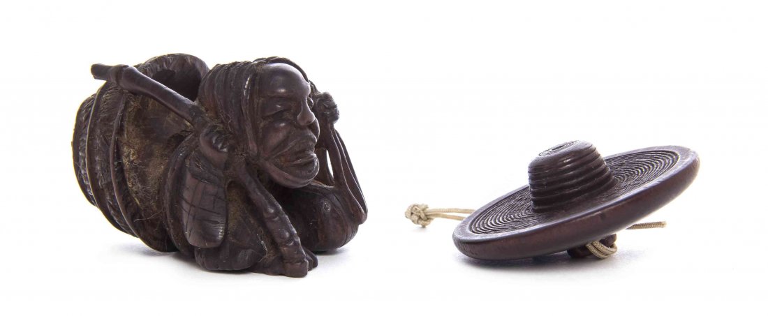 Two Carved Wood Netsuke, Width of first at widest 2 1/4: Two Carved Wood Netsuke, the first depicting the hag Ono no Komachi, signed, with a manju in the form of a spinning top. Width of first at widest 2 1/4 inches. Property from the Collection of Dr. J. D