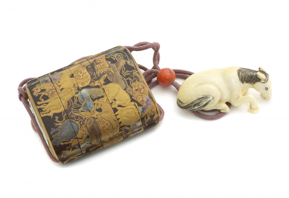 A Lacquered Inro, Height of inro 2 1/2 inches.: A Lacquered Inro, depicting horses, with an ivory horse netsuke and coral ojime. Height of inro 2 1/2 inches. Property from the Collection of Dr. J. Don Nelson, Fargo, North Dakota Provenance: Purchas