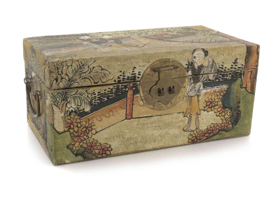 A Chinese Painted Chest, Width 11 inches.: A Chinese Painted Chest, of rectangular, hinged and lidded form, having metal bail handles and a ruyi form clasp, with figural decoration. Width 11 inches.