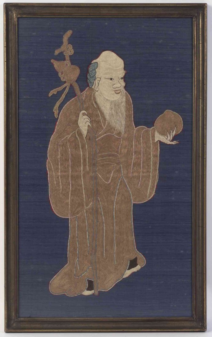 A Japanese Embroidered Silk Panel, Height 21 7/8 x: A Japanese Embroidered Silk Panel, depicting Juro, framed. Height 21 7/8 x width 12 inches. Property from the Estate of Nicholas and Arleen Rakas, Birmingham, Michigan