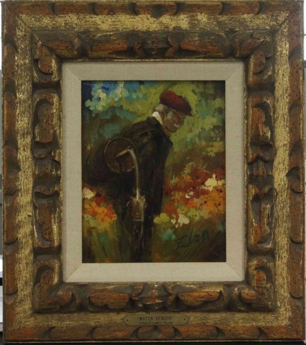 Donald James Zolan, (American, 1937-2009), Water Vendor: Donald James Zolan (American, 1937-2009) Water Vendor oil on masonite signed Zolan (lower right) 10 x 6 inches.