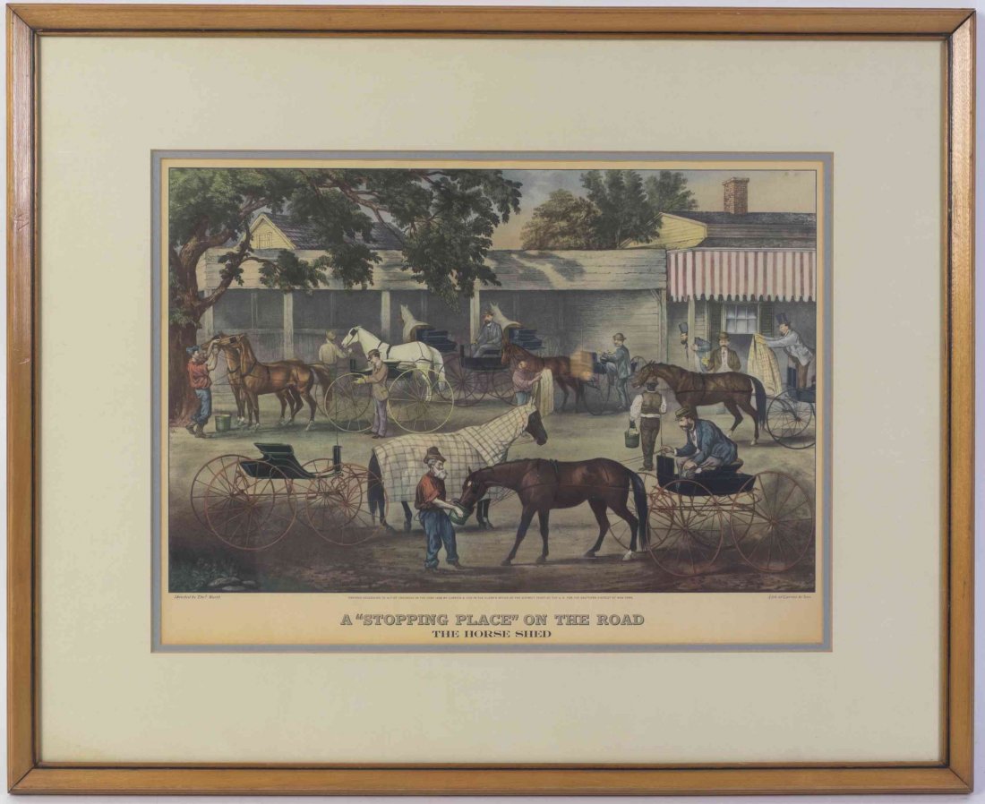 Currier and Ives, (American, 19th century), A Stopping: Currier and Ives (American, 19th century) A Stopping Place on the Road: The Horse Shed lithograph 10 x 15 1/2 inches. Property from the Collection of Ms. Susan Larson, Chicago, Illinois