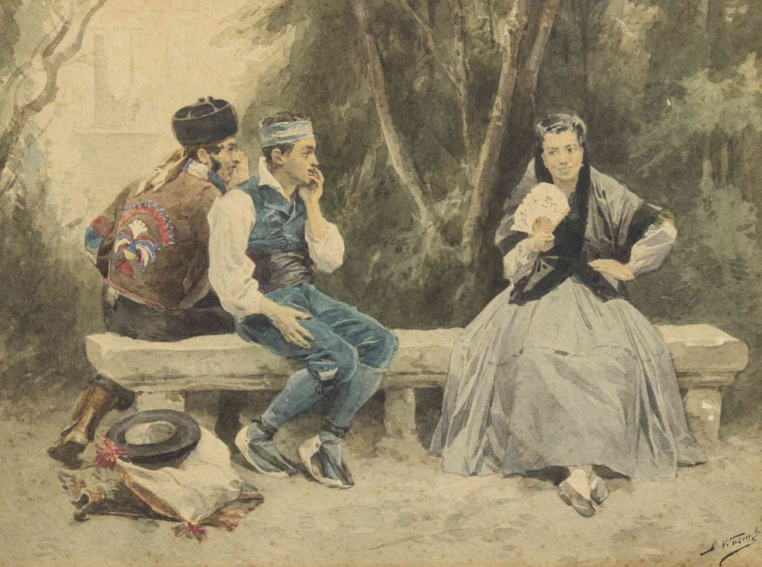 Jules Worms, (French, 1832-1914), Afternoon Outing: Jules Worms (French, 1832-1914) Afternoon Outing watercolor on cardboard signed J. Worms (lower right) 9 x 11 1/2 inches.