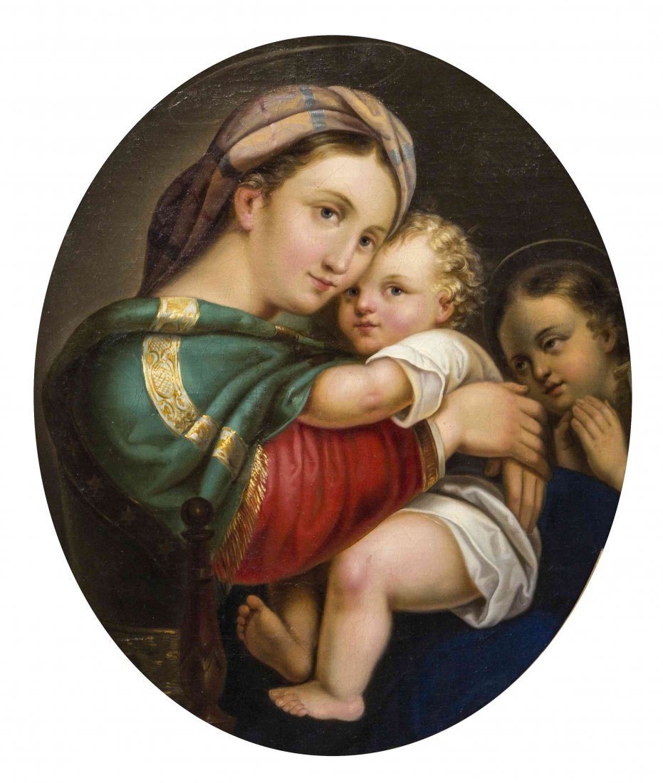 After Raphael, (19th century), Madonna and Child: After Raphael (19th century) Madonna and Child oil on canvas 26 1/2 x 22 inches.