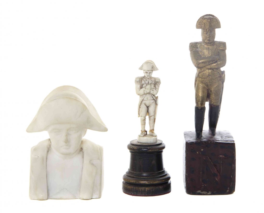 Three Carved Napoleonic Figures, Height of tallest: Three Carved Napoleonic Figures, comprising a carved giltwood example, a carved ivory example and a carved alabaster bust. Height of tallest overall 6 1/2 inches. Property from the Ann Stone Trust, Sh