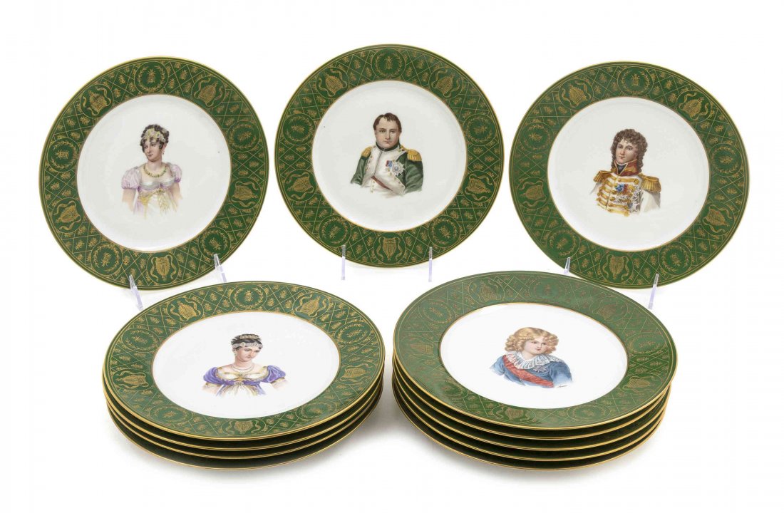 Twelve Sevres Style Porcelain Plates, Diameter 9 1/2: Twelve Sevres Style Porcelain Plates, each centered with a portrait of Napoleon or members of his court within a gilt decorated green border, each titled on the reverse with M. Imp. de Sevres mark. Di