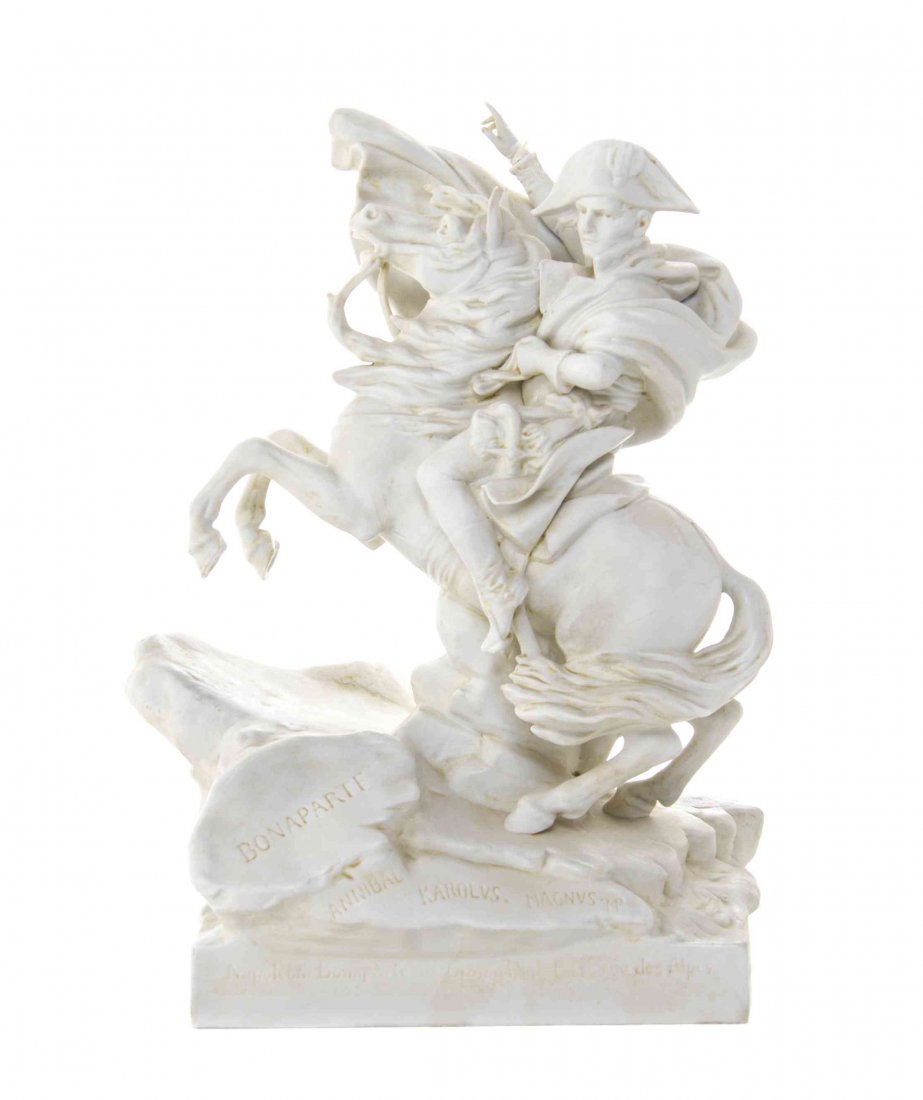 A German Bisque Porcelain Figure, after Jacques-Louis: A German Bisque Porcelain Figure, after Jacques-Louis David (French, 1748-1825), depicting Napoleon crossing the Alps on horseback. Height 10 inches.