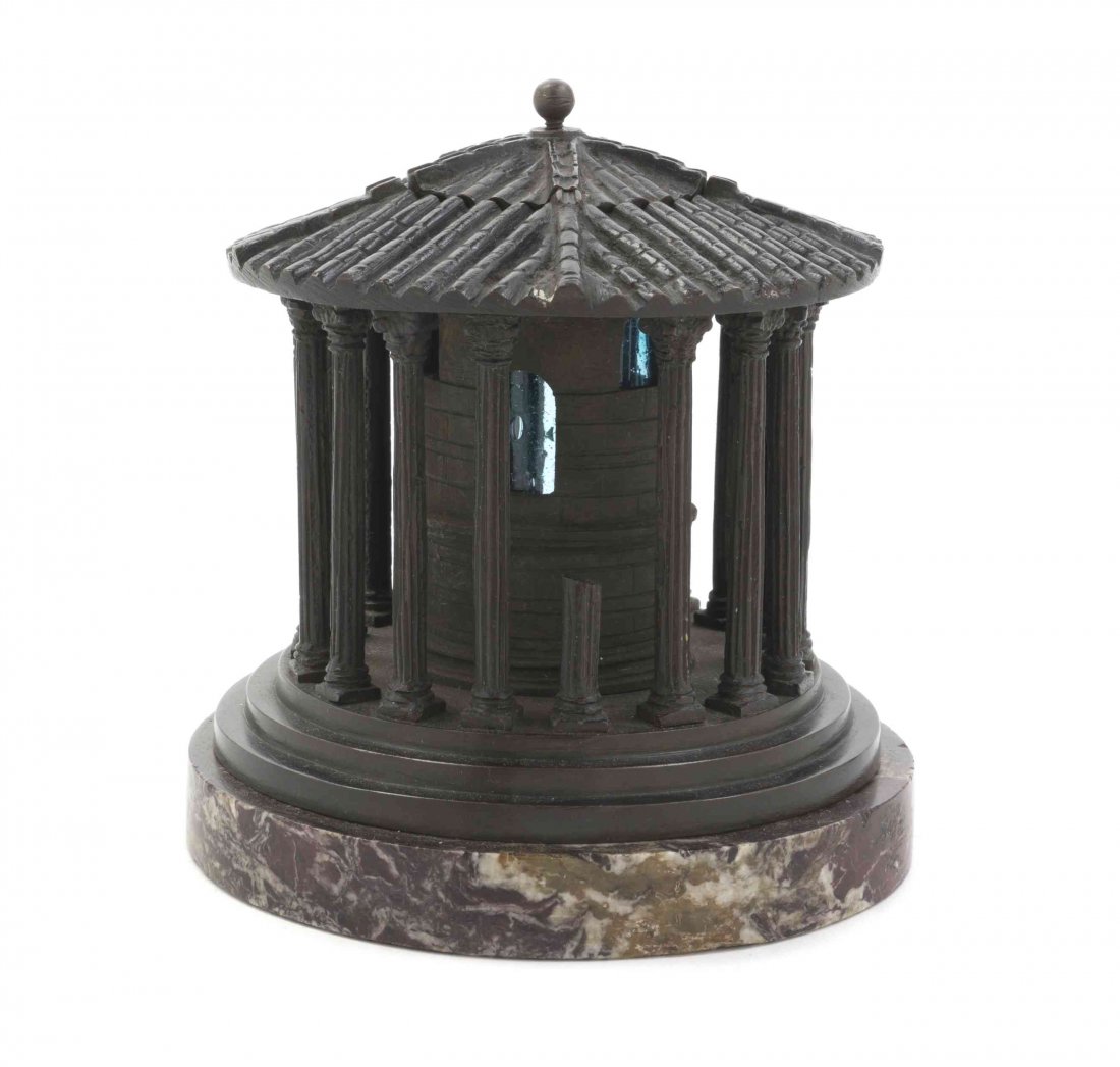 A Continental Grand Tour Bronze Architectural Model,: A Continental Grand Tour Bronze Architectural Model, depicting the Temple of Vesta, the conical roof having a central lift off lid opening to a glass lined interior, raised on a circular marble base.