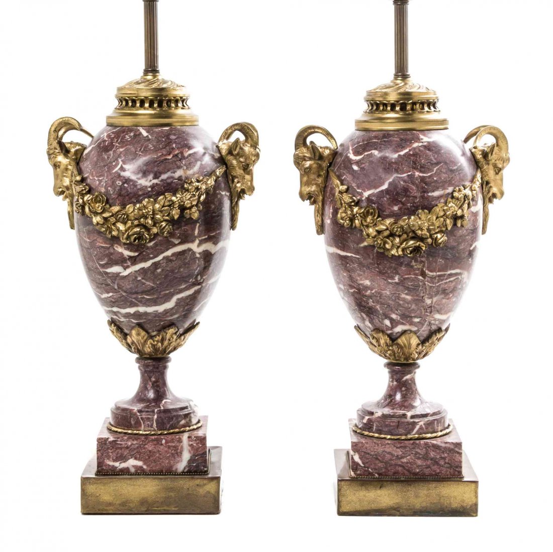 A Pair of Louis XVI Style Gilt Bronze Mounted Urns,: A Pair of Louis XVI Style Gilt Bronze Mounted Urns, each of ovoid form and mounted at the shoulders with ram mask handles joined by floral swags across the body, raised on a circular foot and stepped