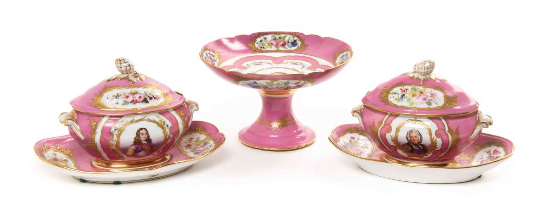 An Assembled Set of Sevres Style Porcelain Serving: An Assembled Set of Sevres Style Porcelain Serving Articles, comprising a compote and two sauce tureens, each decorated with a portrait of a lady on a gilt and pink ground. Width of widest 9 3/4 inche
