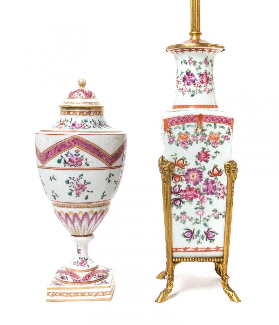 A Samson Chinese Export Style Porcelain Urn, Height of: A Samson Chinese Export Style Porcelain Urn, of tapering cylindrical form with a lift off cover and painted to show floral sprays, together with a gilt bronze mounted vase having a tapering rectangula