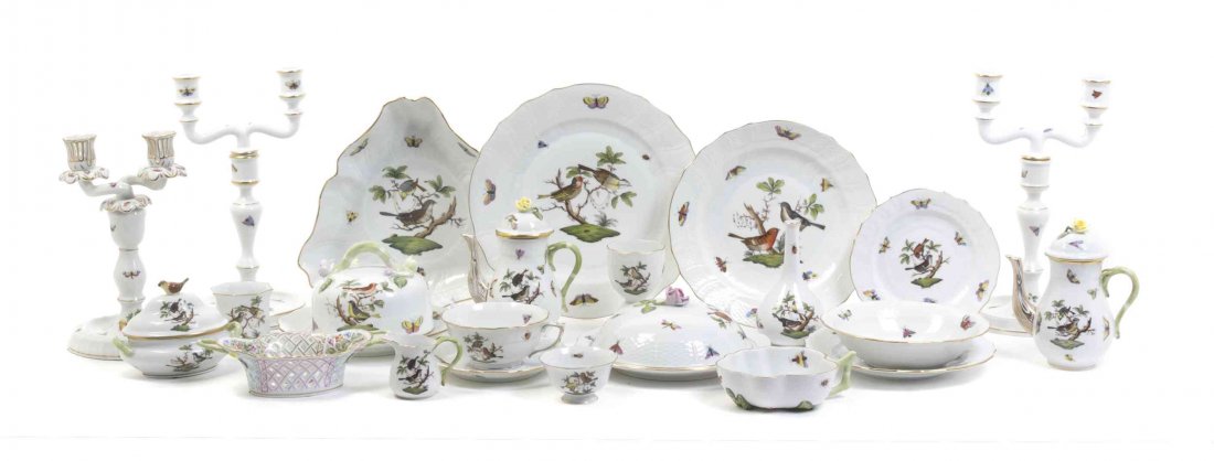 A Herend Porcelain Partial Dinner Service, Diameter of: A Herend Porcelain Partial Dinner Service, in the Rothschild Bird pattern, comprising six dinner plates, six teacups with saucers, six dessert plates, a cake plate, a cheese dome and underplate, an ic