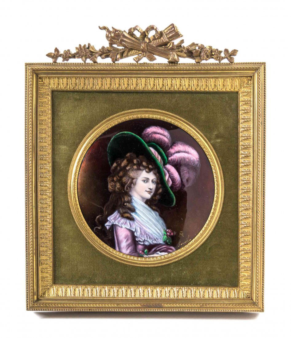 A Limoges Enamel on Copper Plaque, Diameter 4 1/2: A Limoges Enamel on Copper Plaque, of circular form, depicting a lady in an elaborately plumed hat, initialed JR and signed indistinctly, set in a square bronze frame with a torch and quiver trophy. D