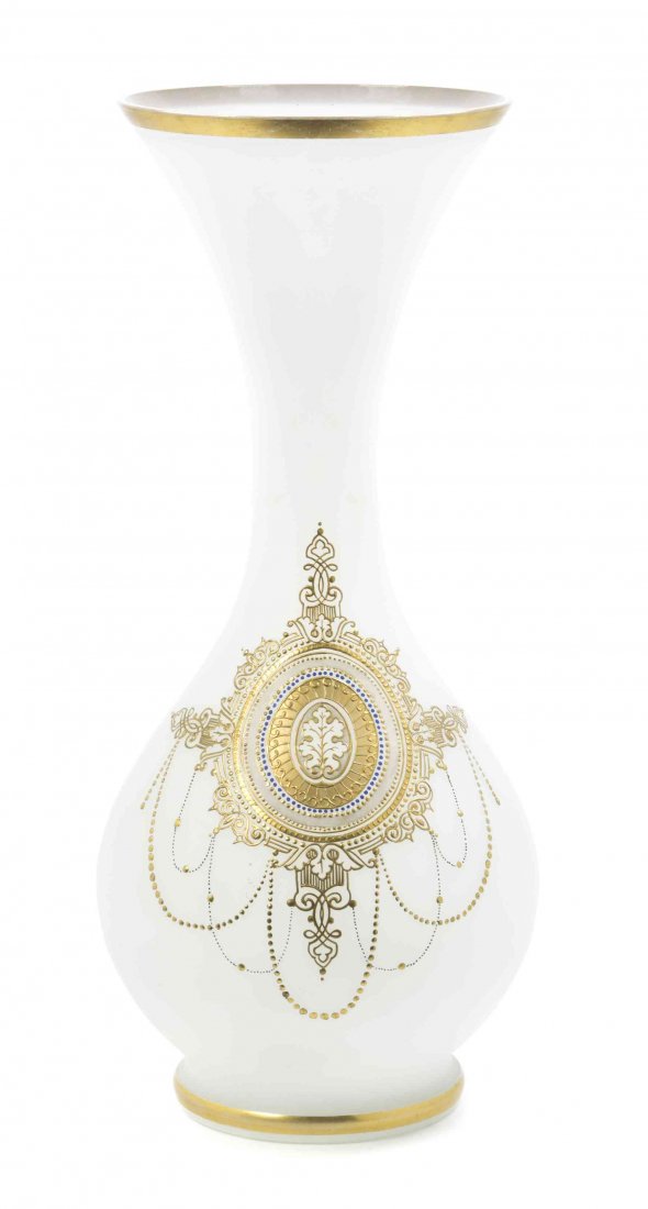 A Bohemian Gilt Decorated Opaline Vase, Height 17 1/8: A Bohemian Gilt Decorated Opaline Vase, of baluster form, the body painted to show arabesques on a white ground. Height 17 1/8 inches.
