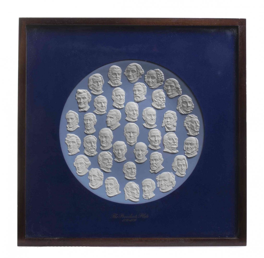 A Wedgwood Blue Jasperware Presidents Plate, Karen: A Wedgwood Blue Jasperware Presidents Plate, Karen Worth, decorated to show all presidents from George Washington to Gerald Ford, the backside with a list of the presidents and signed "Karen Worth 54/