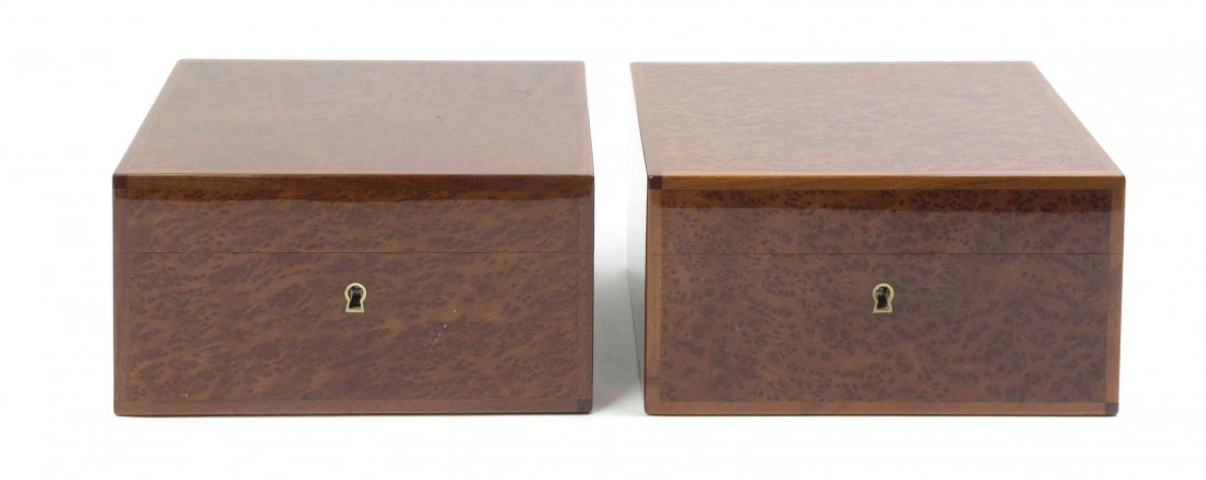 A Pair of Dunhill Burlwood Humidors, Width of each 9: A Pair of Dunhill Burlwood Humidors, of rectangular form with humidity control, each with key. Width of each 9 1/4 inches.