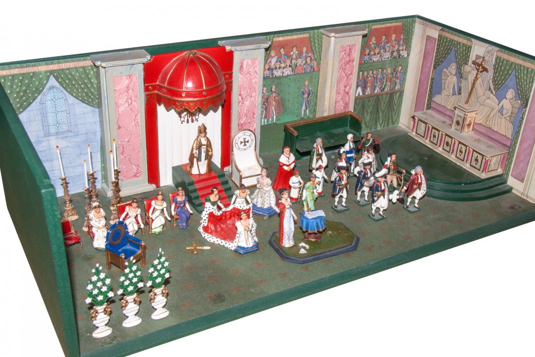 A Collection of Diminutive Painted Lead Figures, Height: A Collection of Diminutive Painted Lead Figures, set in a diorama depicting Josephine's coronation; approximately 32 figures total. Height of average figure 2 1/4 inches. Property from the Ann Stone T