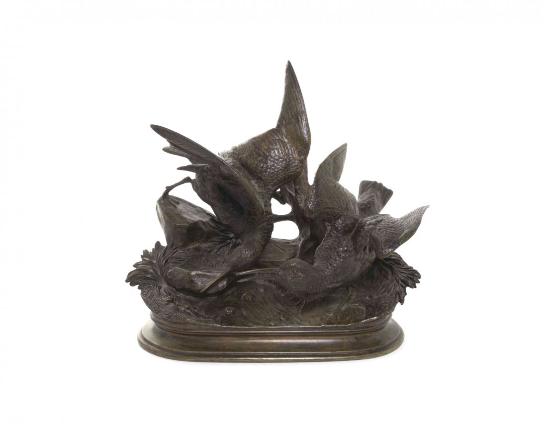 A French Bronze Ornithological Figure, Jules Moigniez: A French Bronze Ornithological Figure, Jules Moigniez (1835-1894), depicting two birds chasing a small lizard, raised on a naturalistic base signed J. Moigniez. Height 9 3/4 inches.