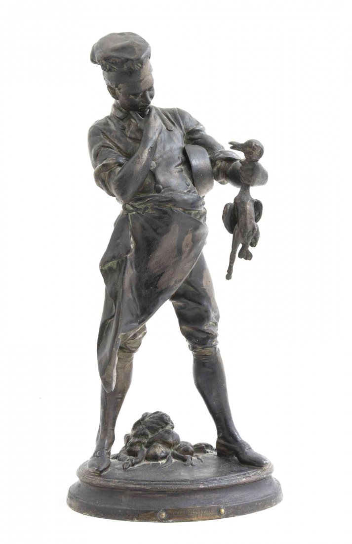 A French Cast Metal Figure, after Clement Leopold: A French Cast Metal Figure, after Clement Leopold Steiner (1853-1899), Cuisinier, depicting a chef holding a duck on an oval base. Height 16 inches.